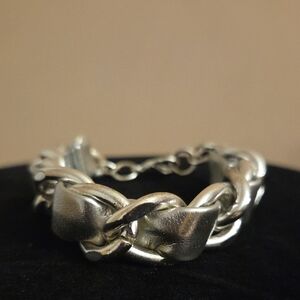 Express Chunky Silver Leafher And Chain Bracelet